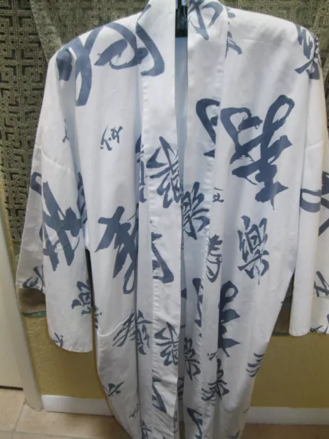 Japanese, 3/4 Length Robe, Pale Blue  Kanji Designs,  White Cotton, Sz. L..