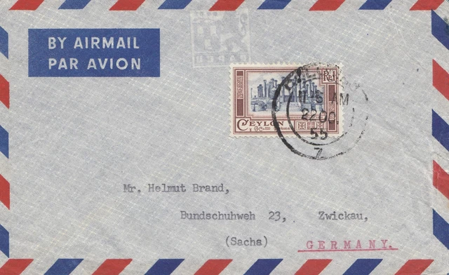 Ceylon: 1955: Air Mail to Zwickau