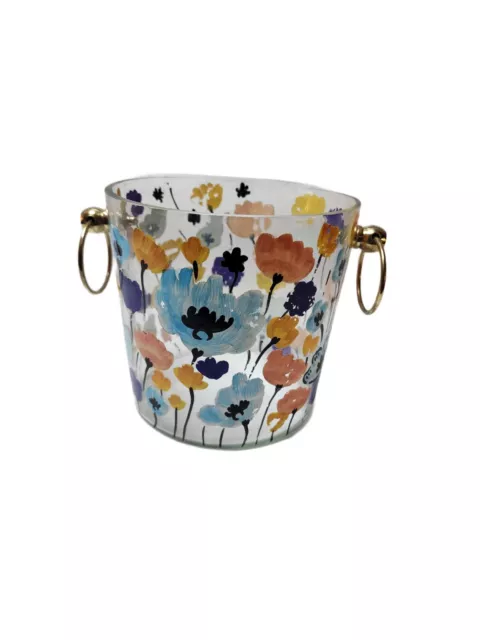 Unbranded Beautiful Floral Print Glass Wine Ice Champagne Bucket w Brass Handles
