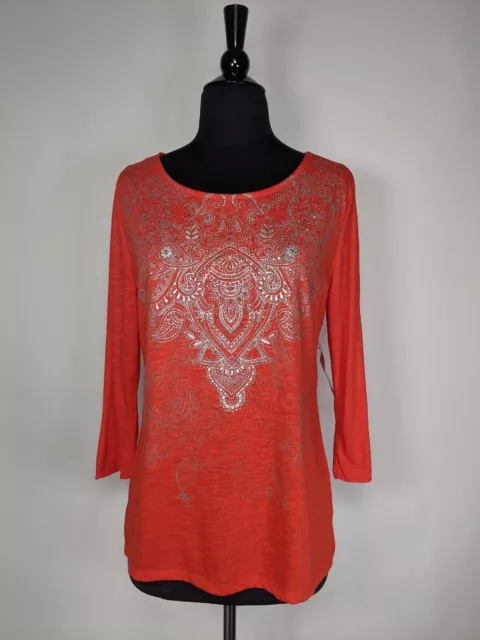 White Stag Soleil Red Paisley Graphic Rhinestone 3/4 Sleeve Top Size S NWT