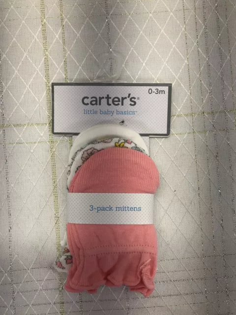 Carter's 3 Pair No Scratch Mittens 0 3 Months Gloves Baby Girl Pink Flowers