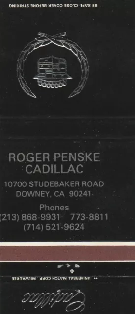 Vintage Auto Dealer Matchbook Cover. Roger Penske Cadillac. Downey, Ca.