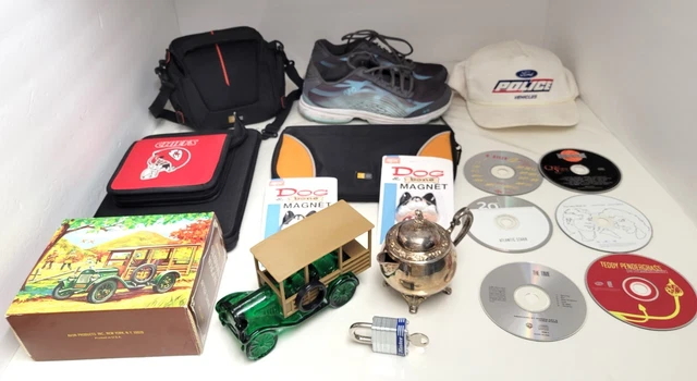 Grandpas Junk Drawer Lot Shoes Decanter CD Cases Music Hat Bag Magnets