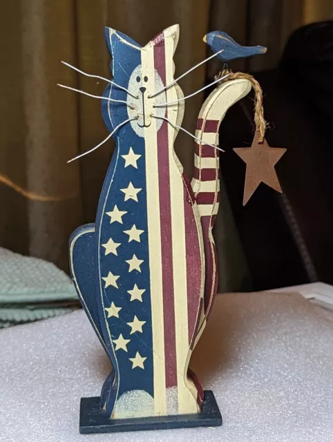Vtg Americana Solid Wood Red White & Blue Kitty Cat Figurine Folk Art Handmade