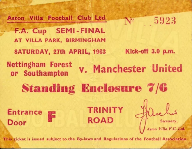 TICKET: FA CUP SEMI FINAL 1963 Manchester United v Southampton