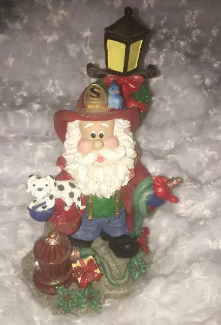 Fire Fighter Figurine Fireman Santa With Fire Hydrant Lamppost And Dog Christmas