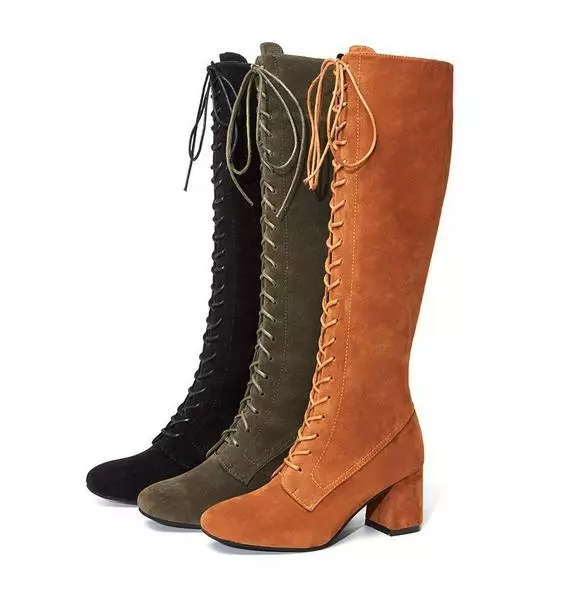 Womens Lace Up Faux Suede Leather Mid Calf Boots Block Heels Slim Leg Tall Shoes