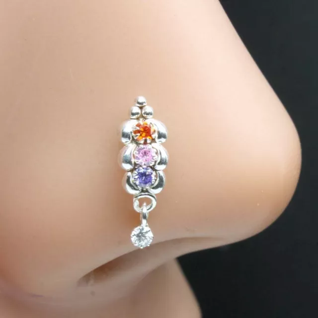 Cute Dangle Style 925 Sterling Silver Multi CZ Nose ring Push Pin