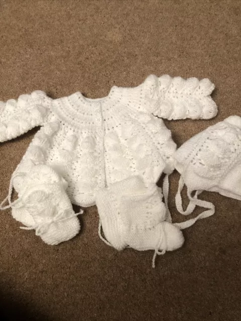 Hand knitted White Matinee Coat ,Bonnet,Bootees , and Mitts..size 0/3Months