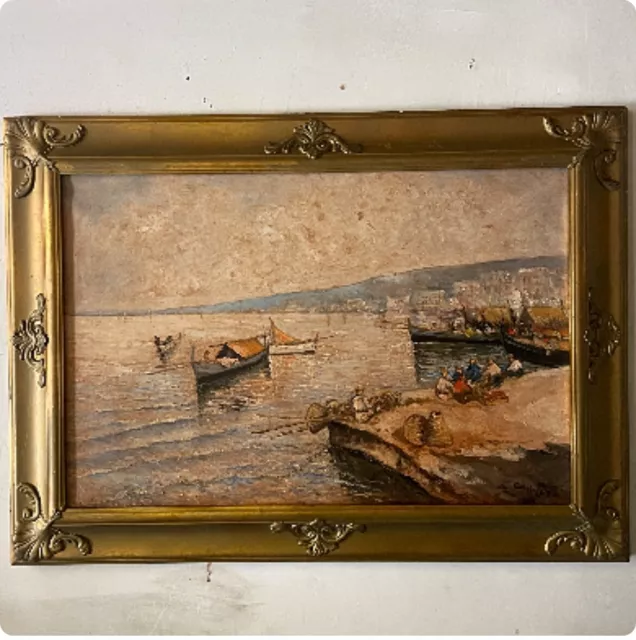 quadro dipinto 900 a olio su tela vintage vecchio paesaggio Napoli con cornice