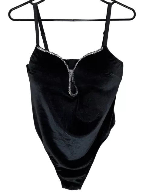 Victorias Secret Rhinestone Black Velvet Body Suit Push Up U-Wire Size X- Large