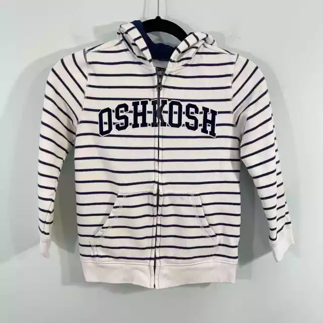 Oshkosh B'gosh Boy's White & Navy Striped Fleece Lined Full Zip Hoodie Size 8