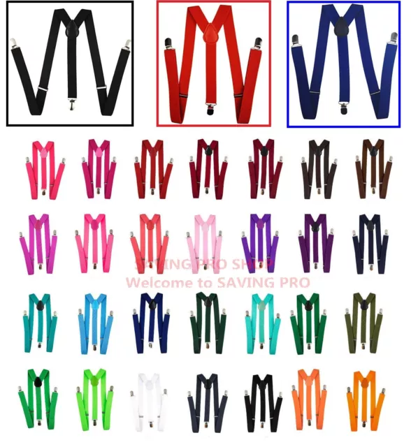 Mens Womens Clip-on Suspenders Elastic Y-Shape Adjustable Braces Solids