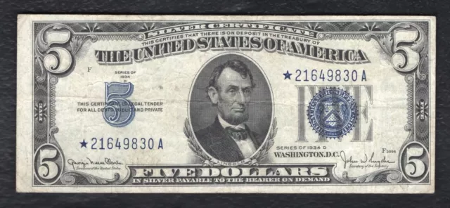 Fr. 1654* 1934-D $5 Five Dollars *Star* Silver Certificate Currency Note Vf