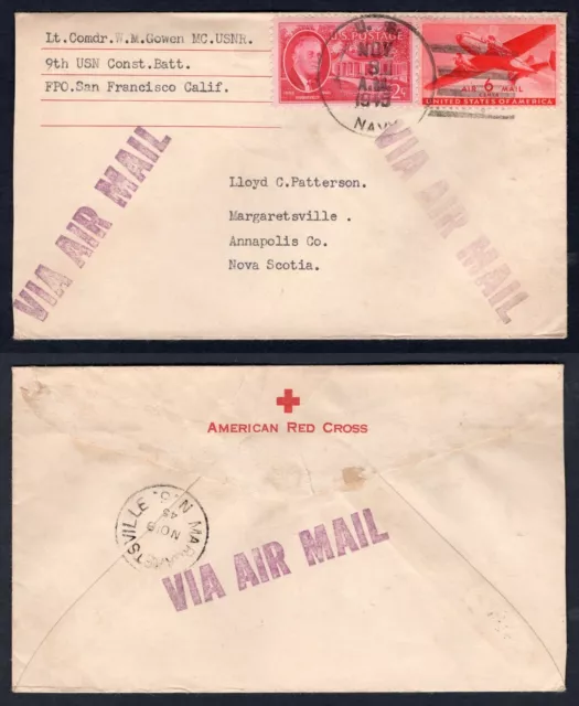 USA 1945 FPO Airmail Cover to Margaretsville NS Canada. RED CROSS