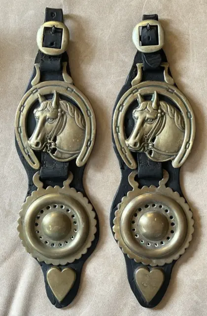Antique/Vintage Pair Leather and Brass Horse Straps Brasses Hearts