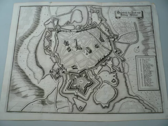 Wismar, Grundriß, Merian anno 1653 Wismar / Stadtplan - Gesamtansicht - Karte .