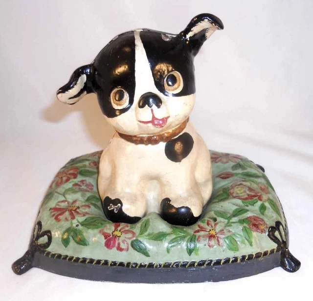 Antique Hubley Cast Iron Large and Heavy Painted Still Penny Bank Fido on Pillow