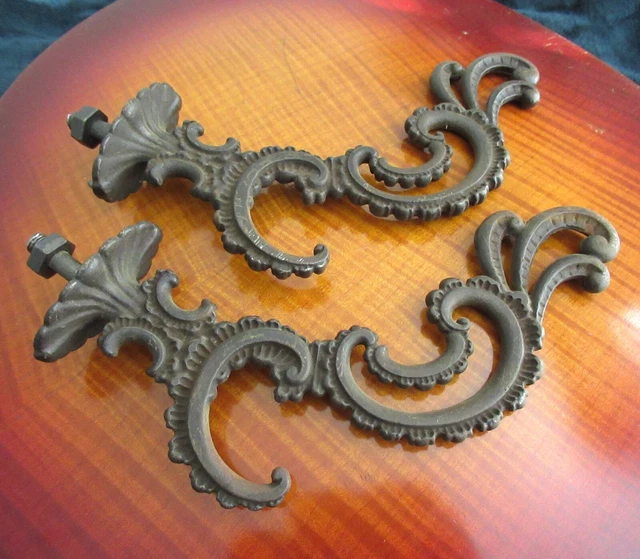 Pair Antique Cast Iron Ornamental Wall Hooks Coat Clothing Hat Vintage Ornate