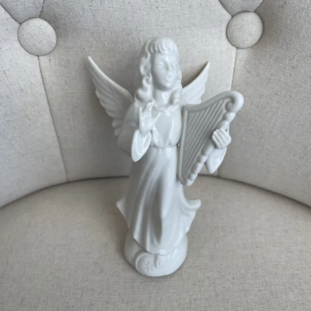 Vintage Angel Harp Figurine 6” White Porcelain Playing Music Holiday Christmas