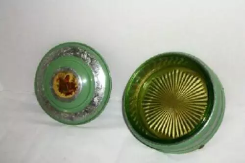 Art Deco Powder Box Jar Uranium Glass Glowing Jade Green Enamel Frenchman Cameo 3