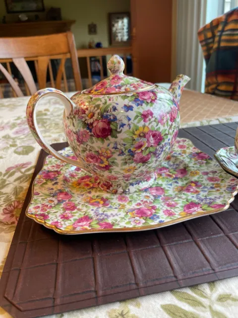 Royal Winton Grimwades Summertime Teapot, Creamer, Sugar Bowl, & 2 Plates 2