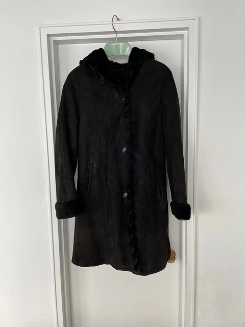 Neus Access Spanish Black Lamb Hooded Shearling Coat Size XXS Neus Access Spanish Black Lamb Hooded Shearling Coat Size XXS