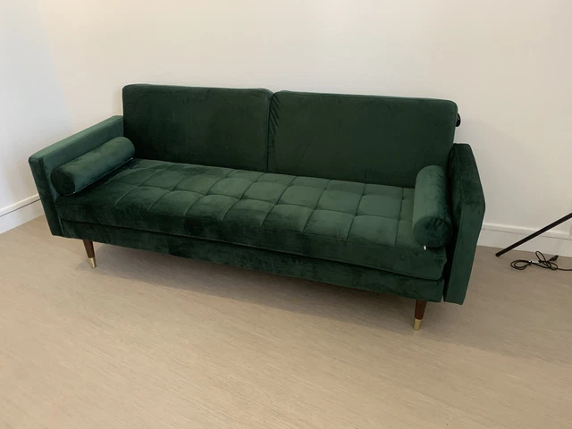 Canapé Convertible 2 Places MATT En Velours Vert - Style Vintage, Lit Inclus