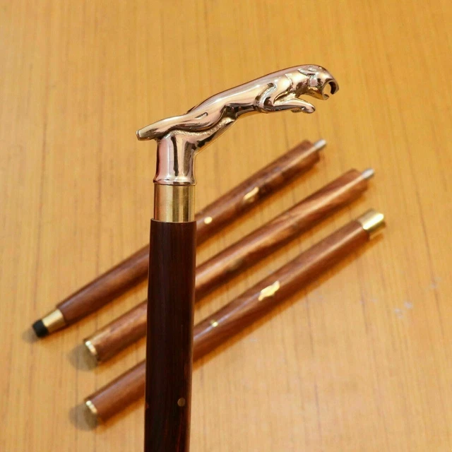 Canne Ou Bâton De Marche Vintage En Bois Noir Avec Pommeau Tête De Cheval En Laiton - Reproduction Neuve