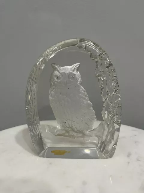 Vintage Mid-Century Modern Clear Frosted Owl Bird Glass Paperweight Figurine MCM