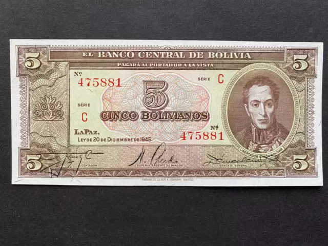 BOLIVIA, 1945, Billete Banco Central de Bolivia, CINCO BOLIVIANOS, Serie C, Unc