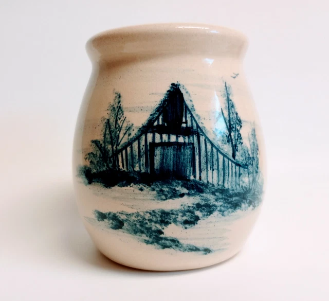 Paul Storie Pottery Crock Vase Utensil Holder 6" T Marshall TX Blue Barn