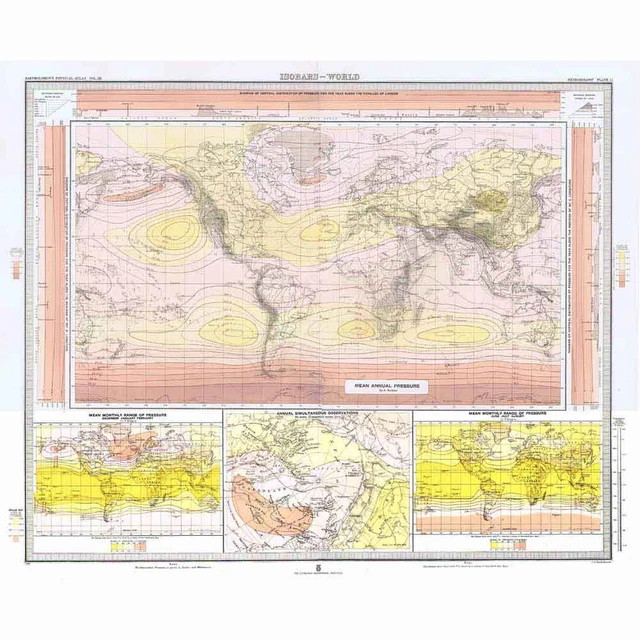 WORLD MAP Isotherms; Mean Annual Pressure - Antique Map 1899