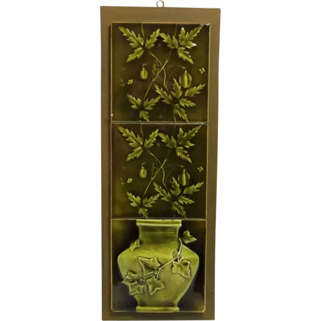 3 Antique Green Majolica Pottery Embossed Fruit Vine Pot Fireplace Wall Tiles