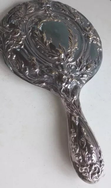 Mirror Womens Vanity Handheld Silver Plate Embossed Vintage Granny Barbie Core