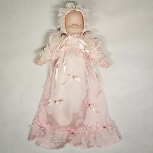 Vintage 13" Porcelain Sleeping Lullaby Lap Baby Girl Doll Pink Bonnet Dress Lace