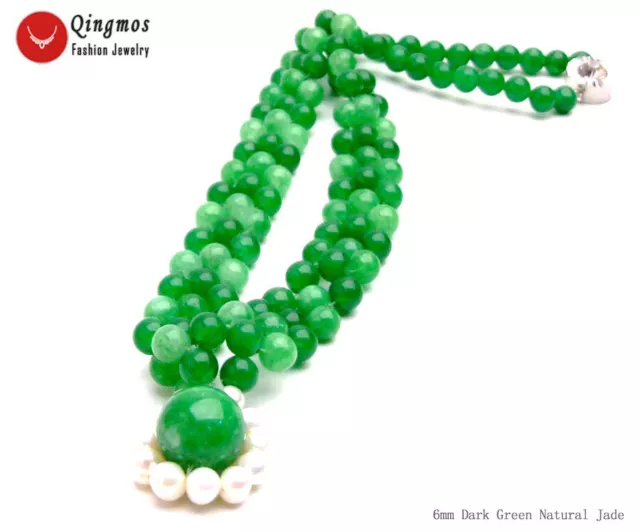 6mm Dark Green Jade Necklace for Women Flower Pearl Pendant Weave 3 Strands 18''