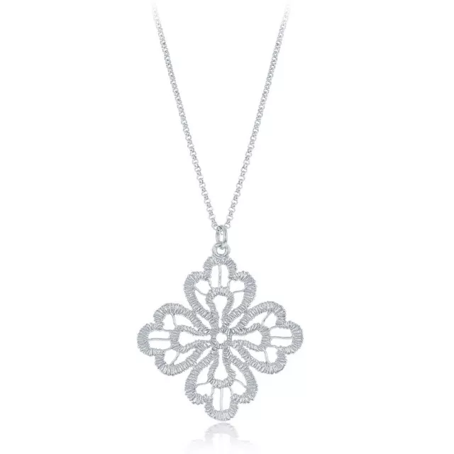 Sterling Silver Diamond Cut Fancy Flat Four Leaf Flower Necklace