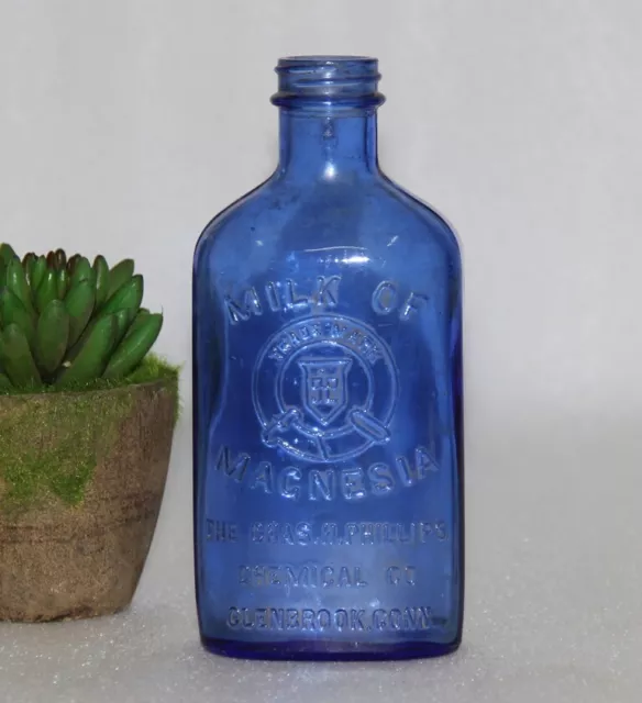 1930s Vintage Milk of Magnesia Chas.H.Phillips Chemical Co. Blue Glass Bottle