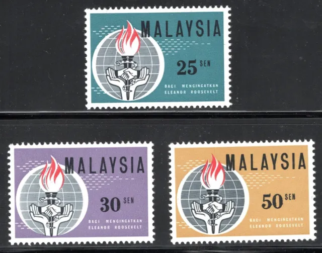 Malaysia Stamp Scott #9-11, Globe, Torch, Snake & Hands, Lot of 3, MNH