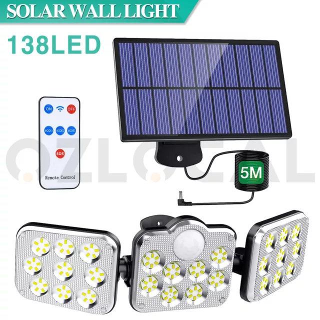 138 LED 3 Head Solar Motion Sensor Light Outdoor Garden Wall Security Flood Lamp