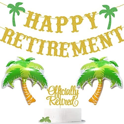 Beach Theme Retirement Party Decorations - Gold Glitter Happy Retirement Banner