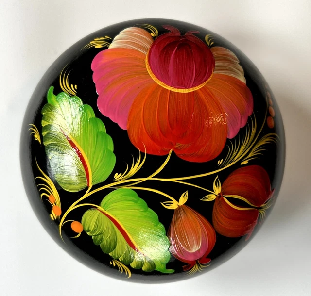 Khokhloma Floral Hand-Painted Covered Lacquered Wooden Bowl, Ukraine, NEW in Box