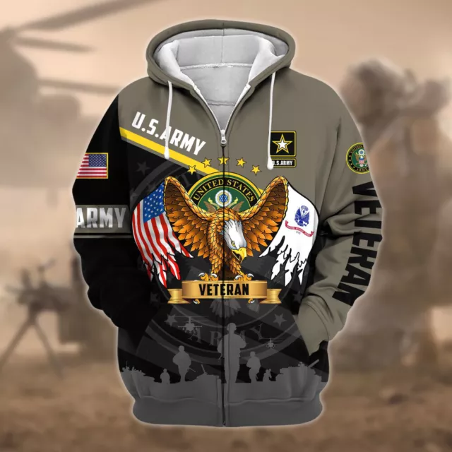 US Army Proudly Served US Veteran Zip Hoodie Lightweight American Egle Gift Men