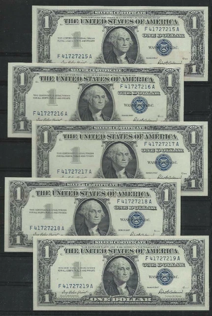 Fr.1619 - 1957 silver certificate - FIVE consecutive - FA block - UNCIRCULATED