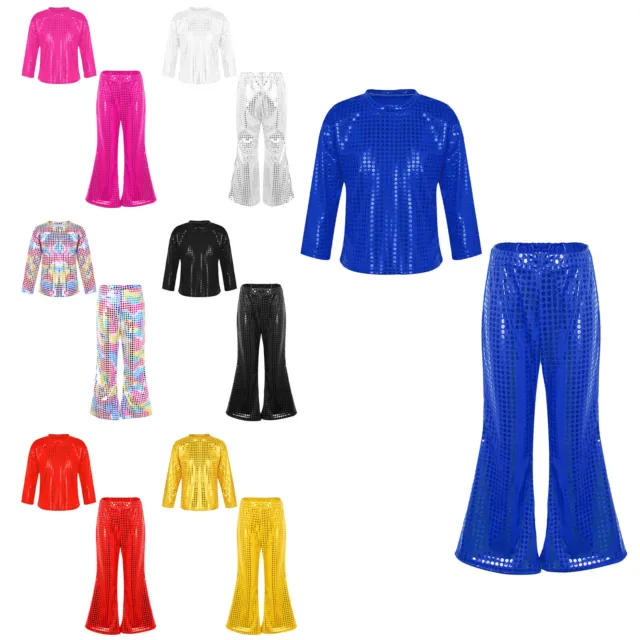 Kids Girls Boys Tops With Flared Pants 2 Pieces Dancewear Competition Jazz Set