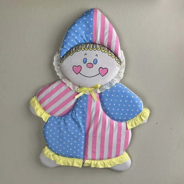 Vtg 1980s Pastel Clown Nursery Decor Plush Wall Hanging Pink Blue Happy Hearts