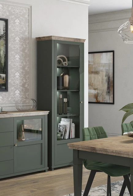 Vetrina stand ""Evora"" vetrina in vetro 71 cm verde rovere lefka stile country