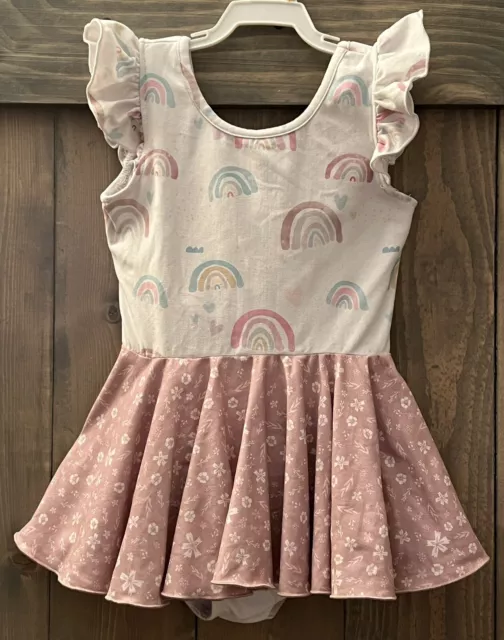 Cheeky Plum Girls 6Y Leotard Ruffled Sleeve Rainbow Floral Print Skirted EUC