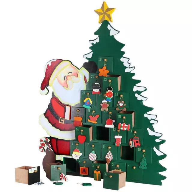 Calendario Avvento Babbo Natale con Albero in Legno 24 Cassetti e Decorazioni 2